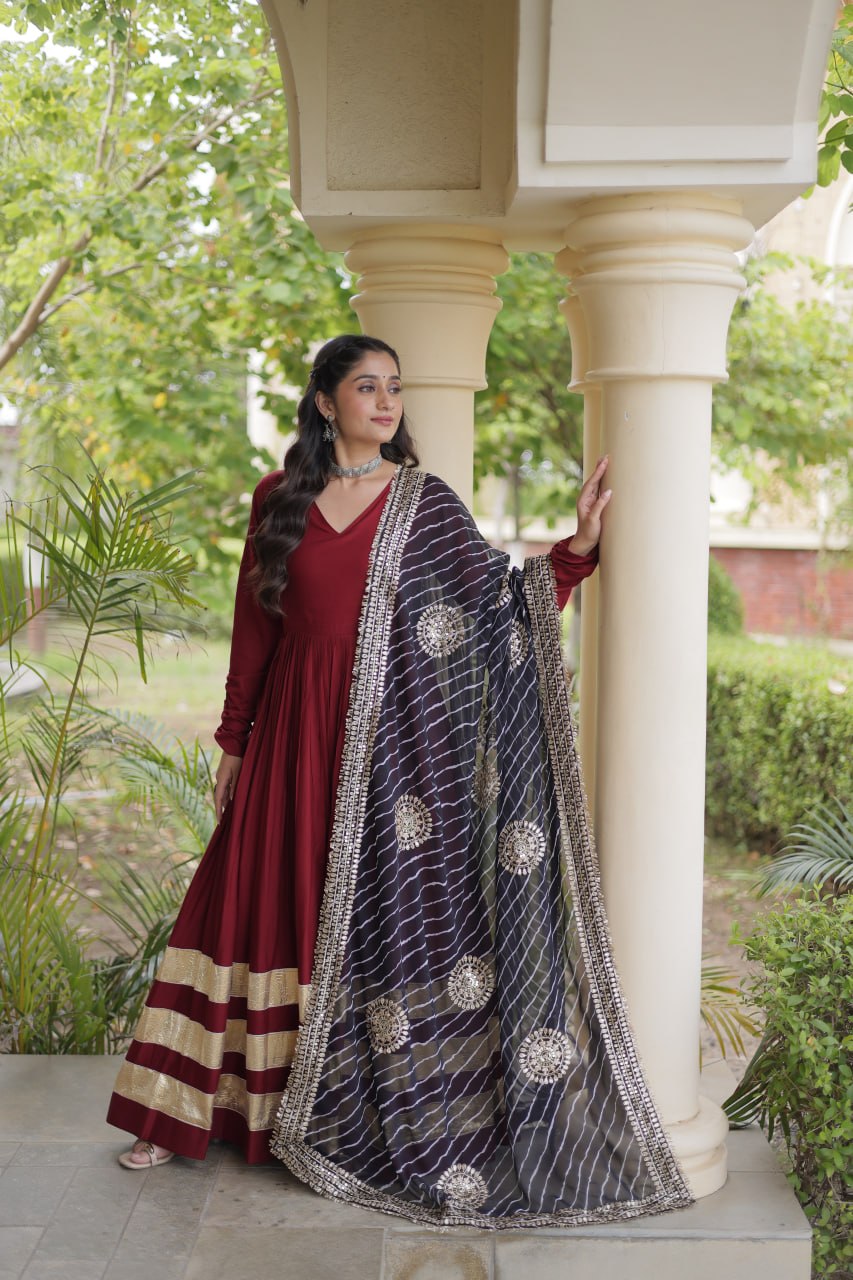 Navratri Rayon Gota Patti Work Anarkali Gown with Leheriya Printed Georgette Dupatta