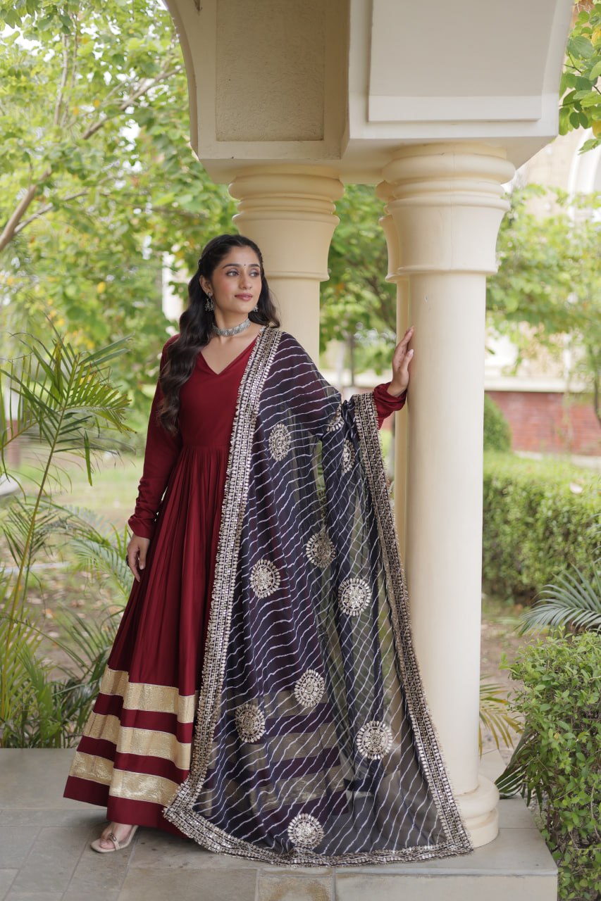 Navratri Rayon Gota Patti Work Anarkali Gown with Leheriya Printed Georgette Dupatta