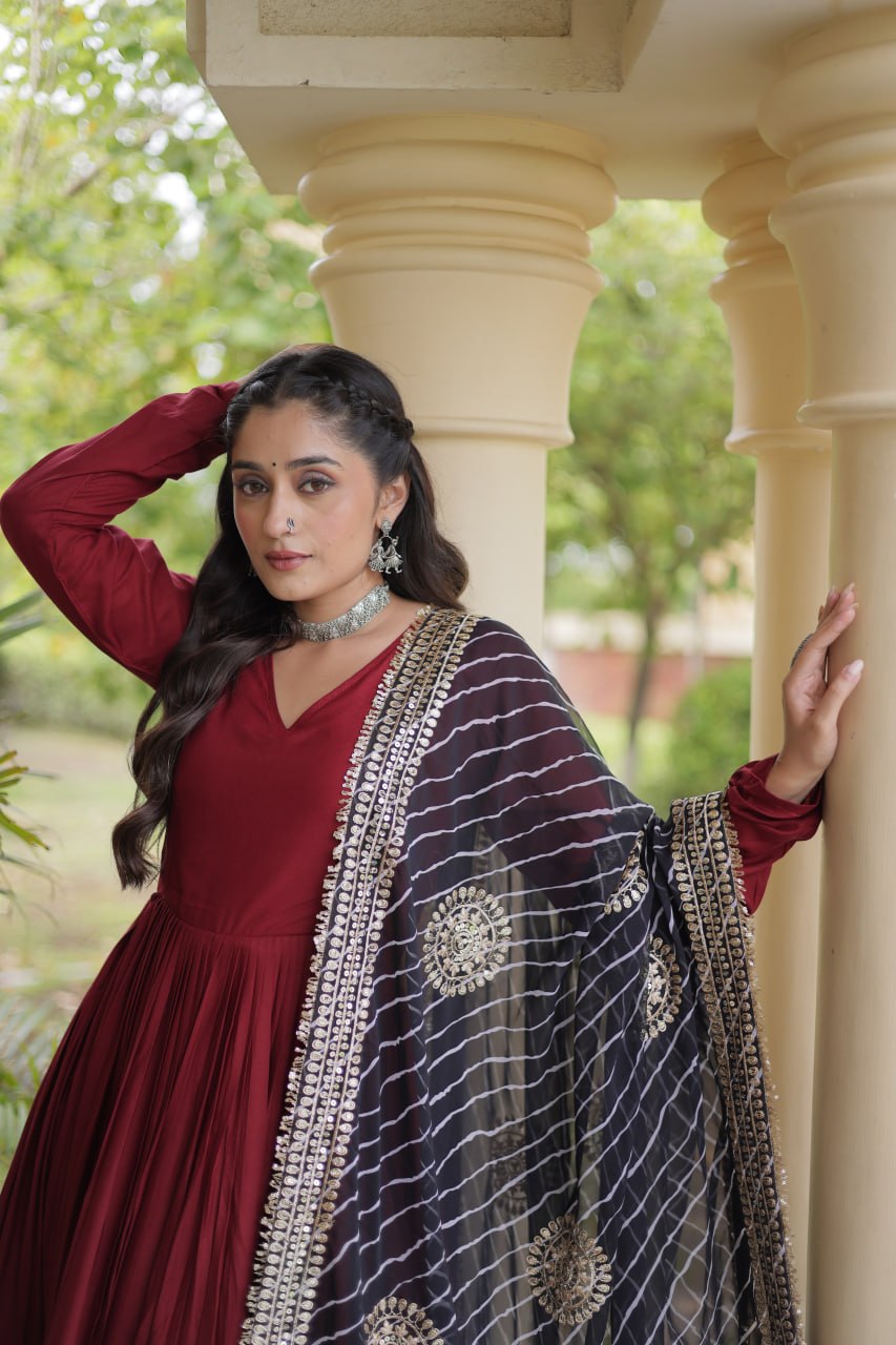 Navratri Rayon Gota Patti Work Anarkali Gown with Leheriya Printed Georgette Dupatta