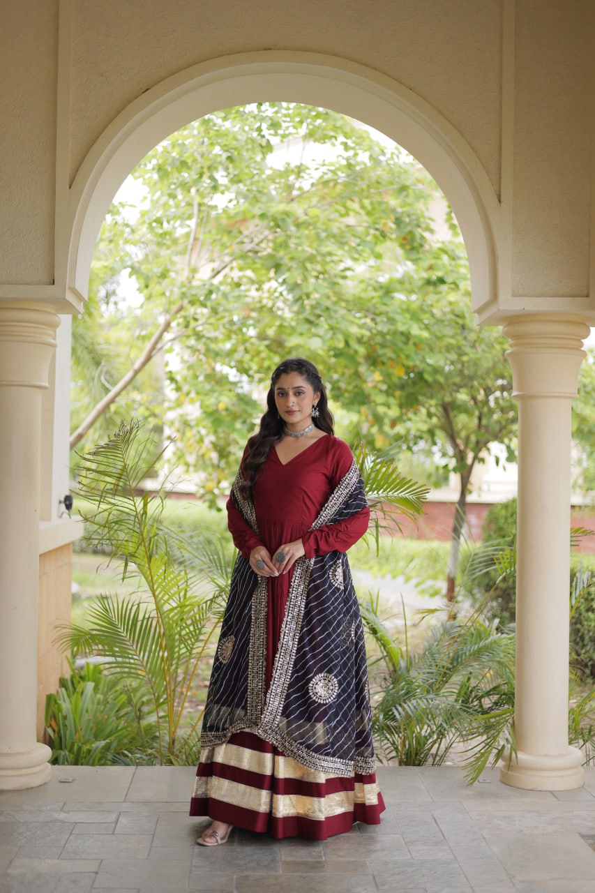 Navratri Rayon Gota Patti Work Anarkali Gown with Leheriya Printed Georgette Dupatta