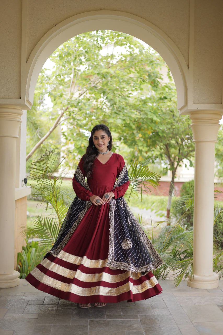 Navratri Rayon Gota Patti Work Anarkali Gown with Leheriya Printed Georgette Dupatta