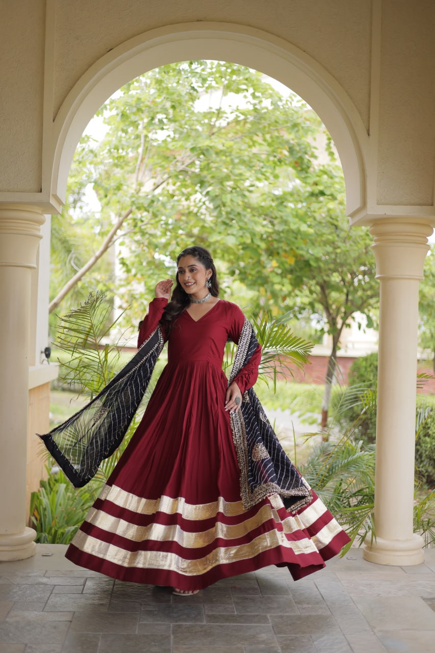 Navratri Rayon Gota Patti Work Anarkali Gown with Leheriya Printed Georgette Dupatta