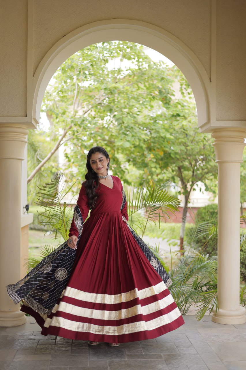 Navratri Rayon Gota Patti Work Anarkali Gown with Leheriya Printed Georgette Dupatta