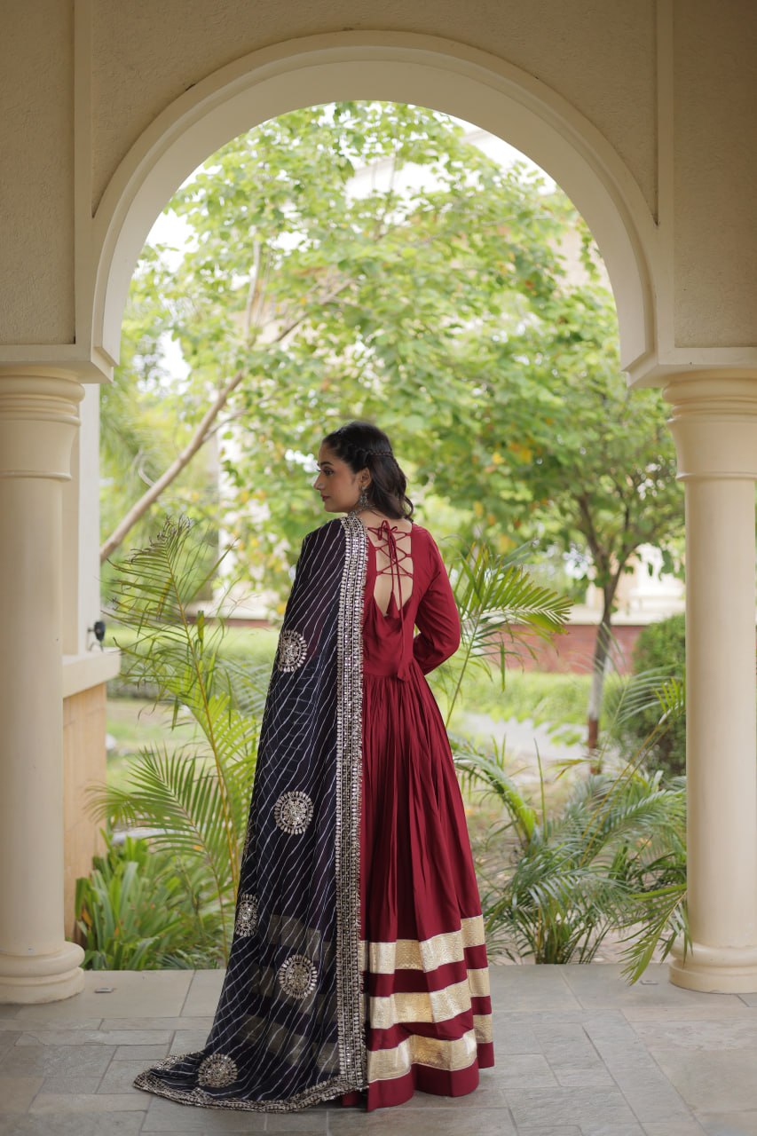 Navratri Rayon Gota Patti Work Anarkali Gown with Leheriya Printed Georgette Dupatta