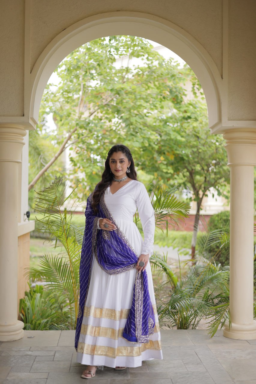Navratri Rayon Gota Patti Work Anarkali Gown with Leheriya Printed Georgette Dupatta