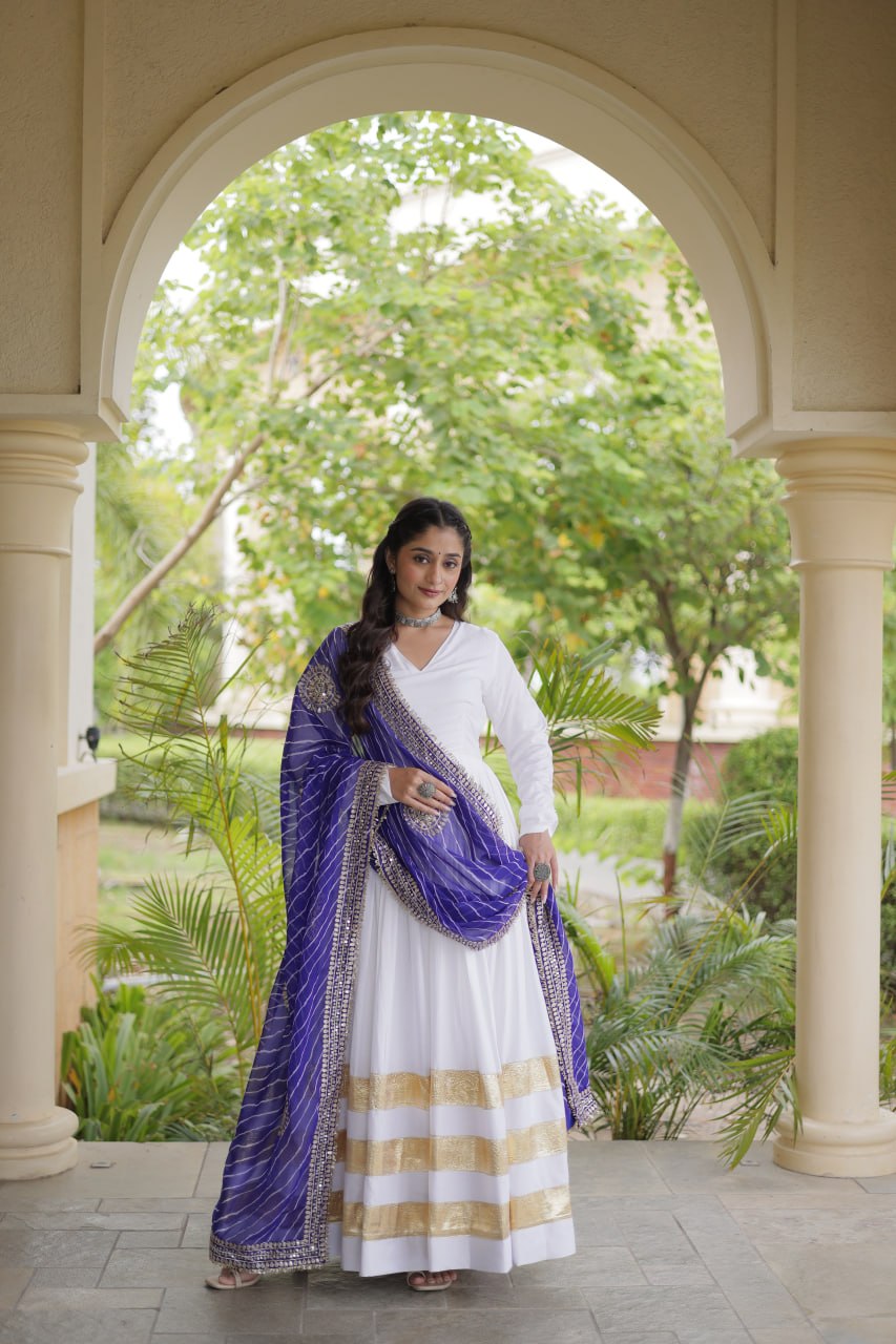 Navratri Rayon Gota Patti Work Anarkali Gown with Leheriya Printed Georgette Dupatta