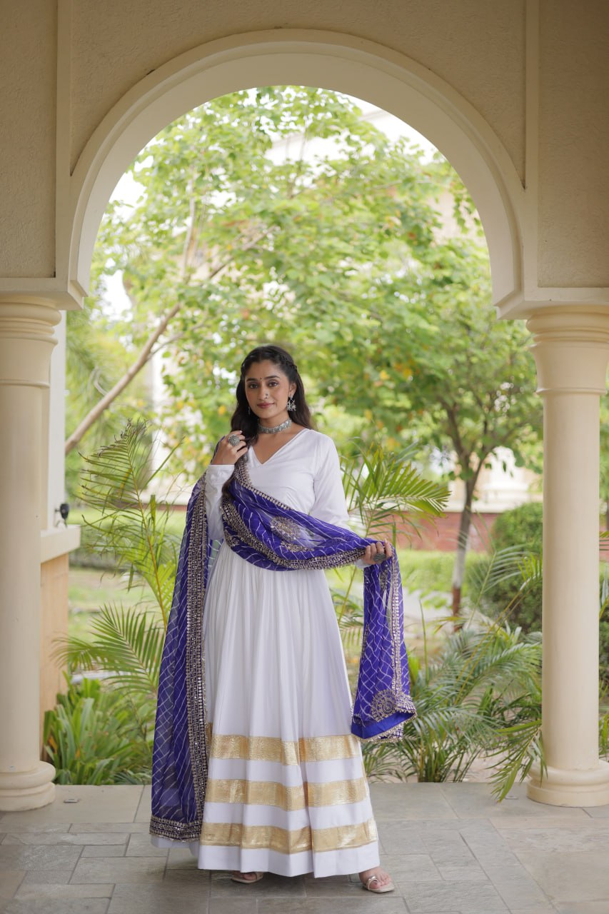 Navratri Rayon Gota Patti Work Anarkali Gown with Leheriya Printed Georgette Dupatta