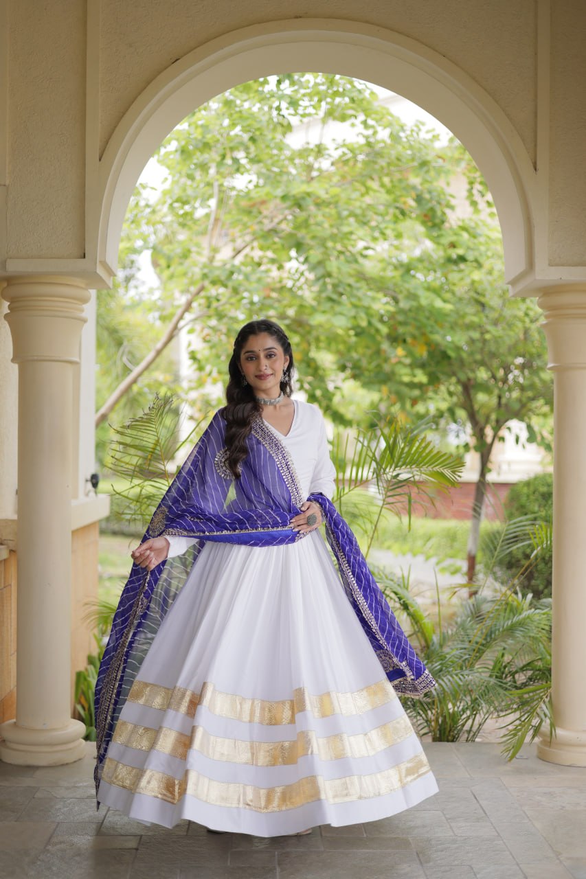 Navratri Rayon Gota Patti Work Anarkali Gown with Leheriya Printed Georgette Dupatta