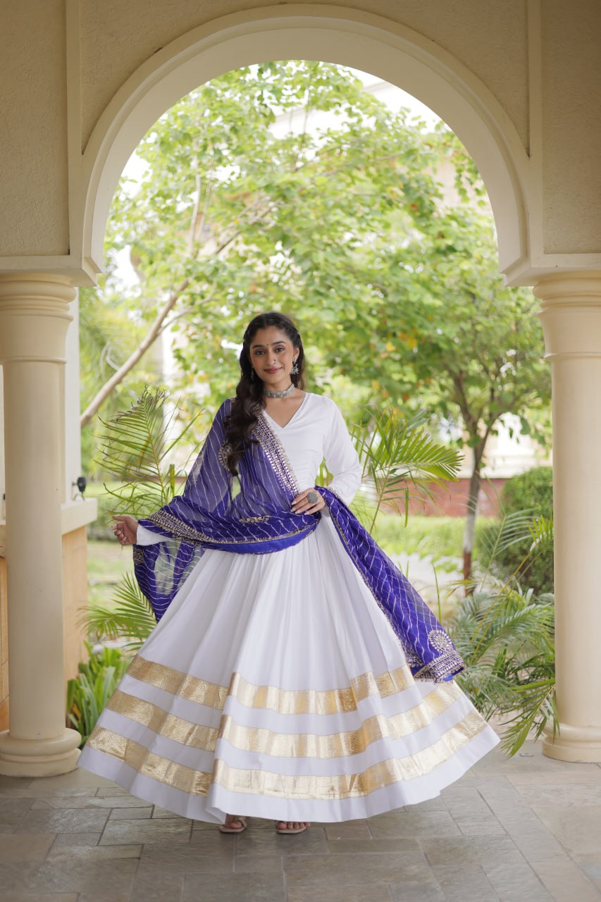 Navratri Rayon Gota Patti Work Anarkali Gown with Leheriya Printed Georgette Dupatta