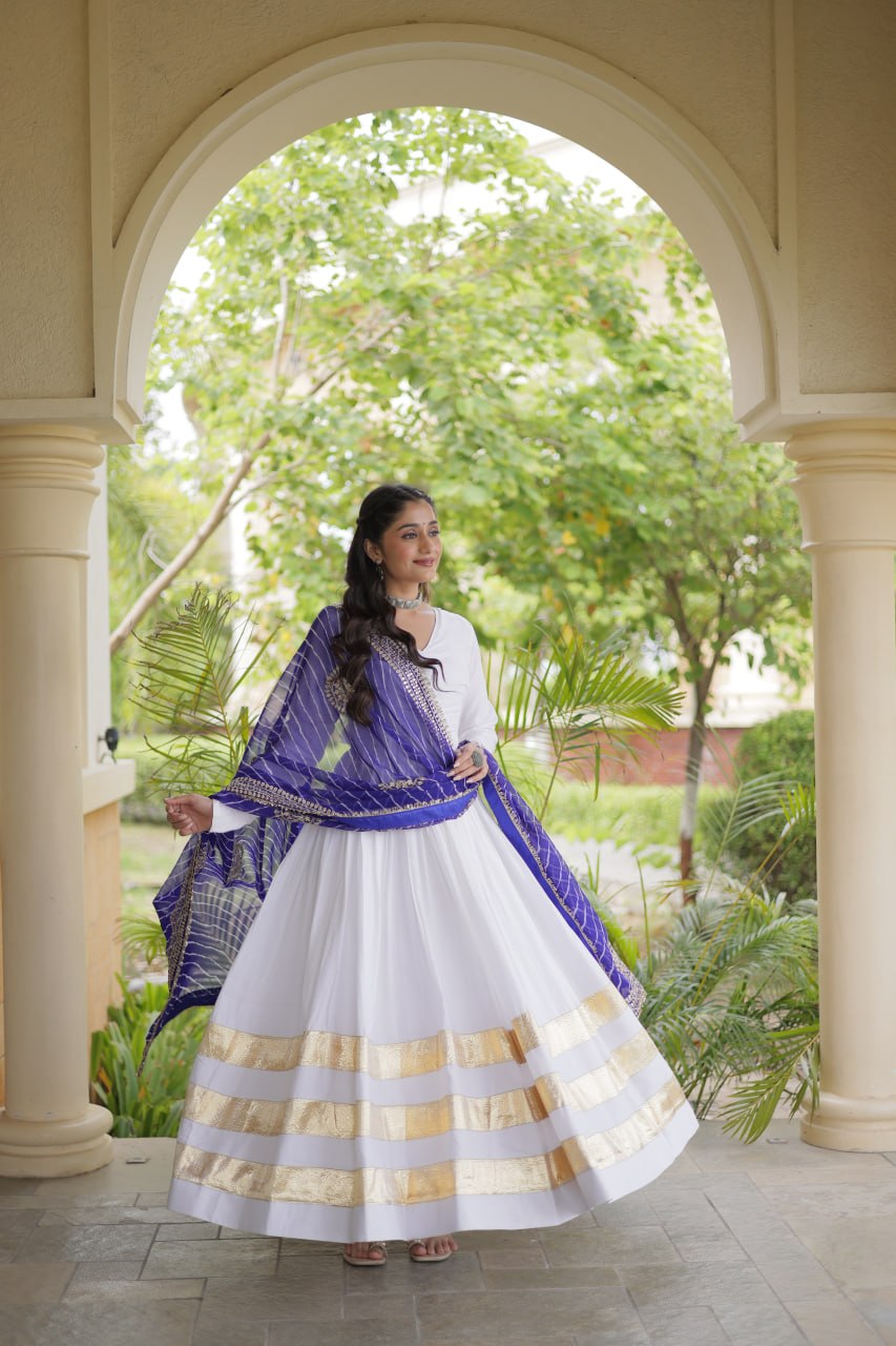 Navratri Rayon Gota Patti Work Anarkali Gown with Leheriya Printed Georgette Dupatta