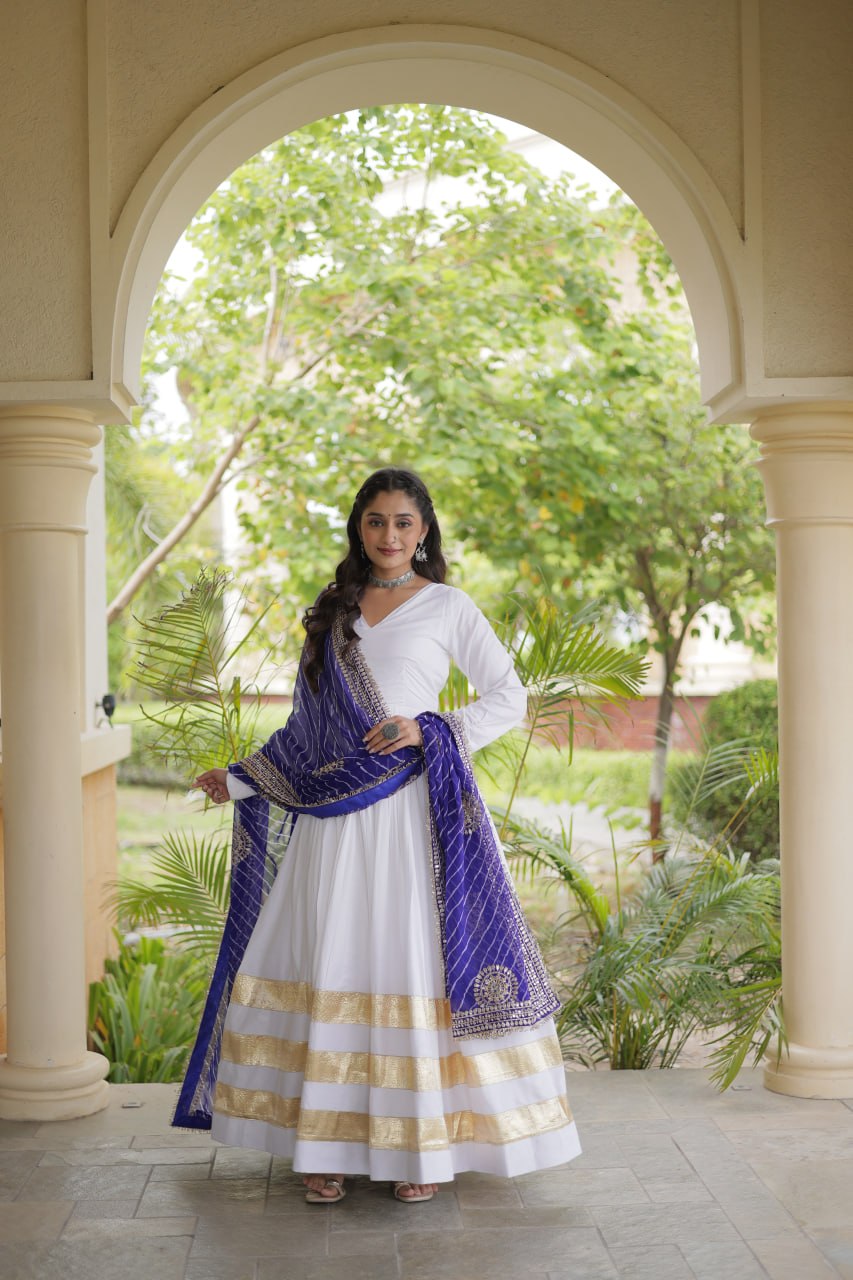 Navratri Rayon Gota Patti Work Anarkali Gown with Leheriya Printed Georgette Dupatta