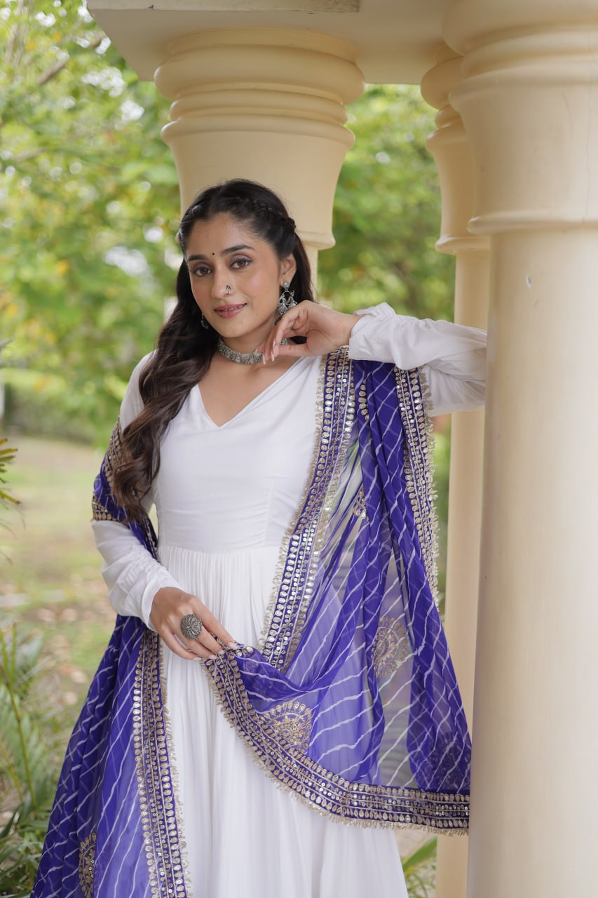 Navratri Rayon Gota Patti Work Anarkali Gown with Leheriya Printed Georgette Dupatta