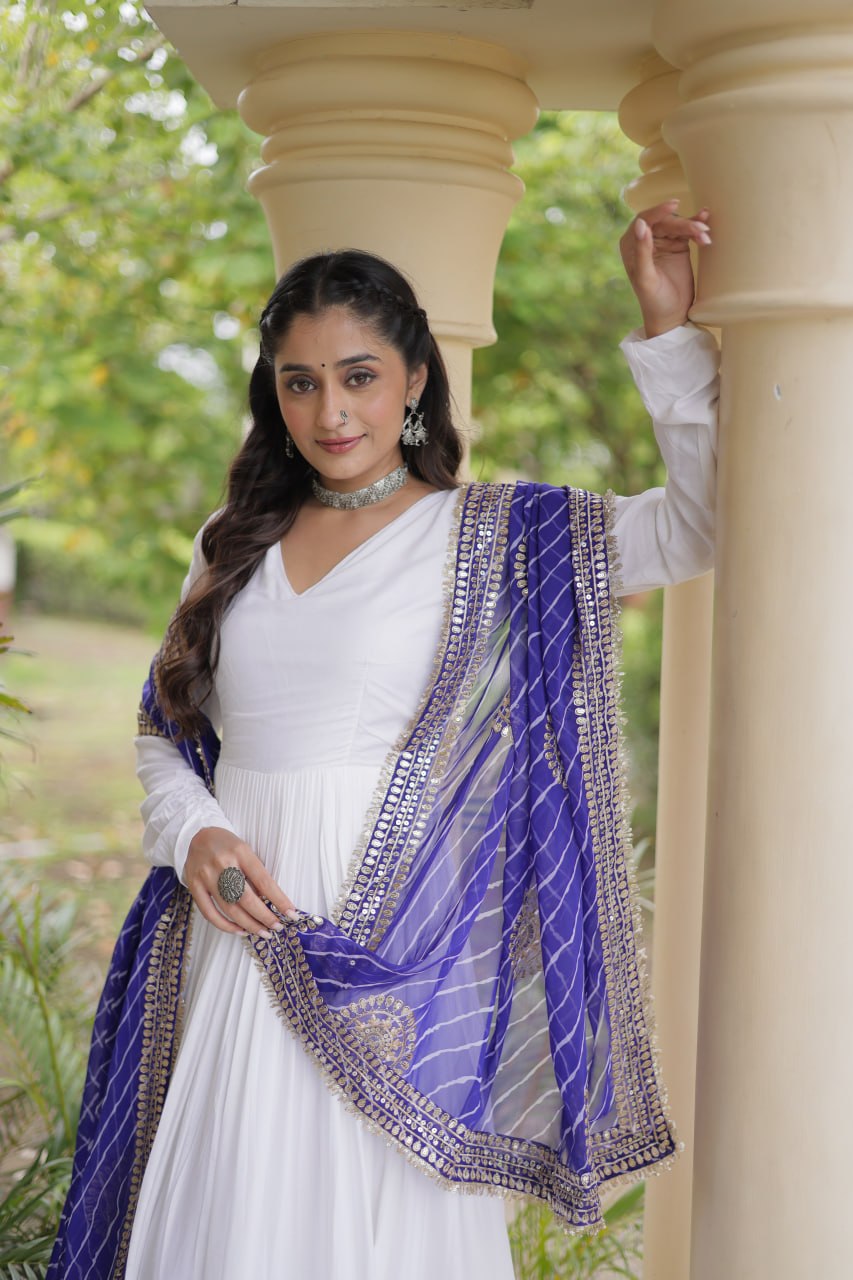 Navratri Rayon Gota Patti Work Anarkali Gown with Leheriya Printed Georgette Dupatta