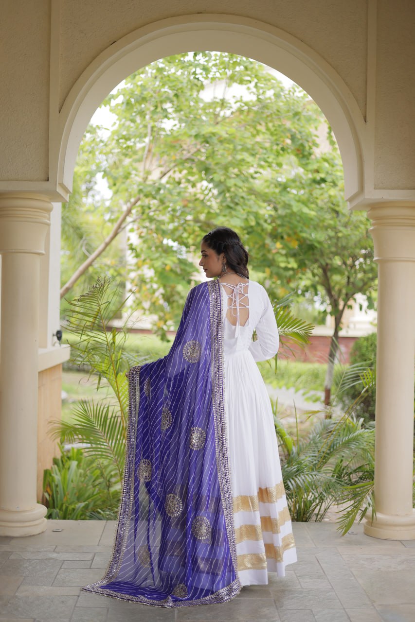 Navratri Rayon Gota Patti Work Anarkali Gown with Leheriya Printed Georgette Dupatta