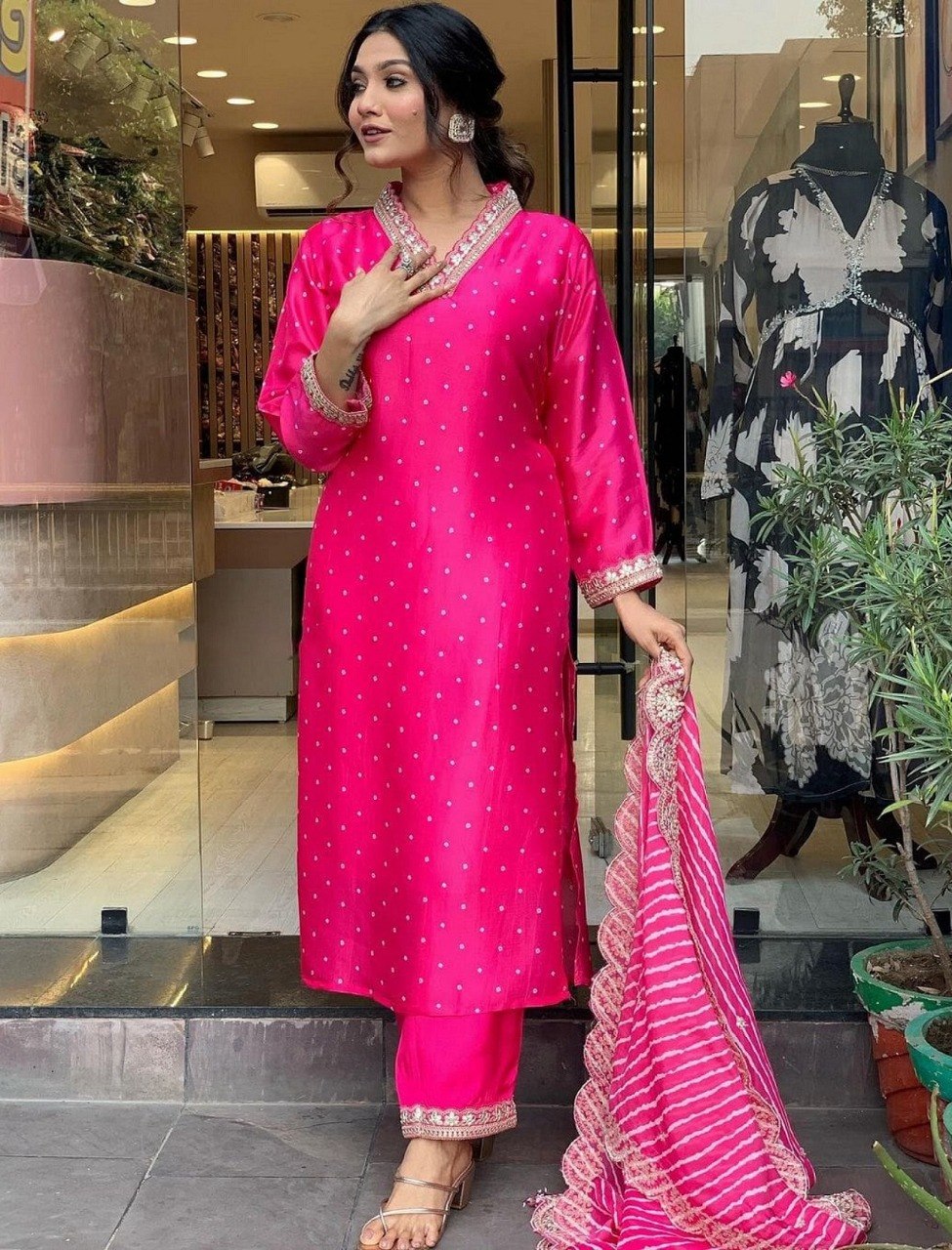 Women's Embroidered Bandhani Print Viscose Chanderi Kurta Pant Set with Chinon Dupatta