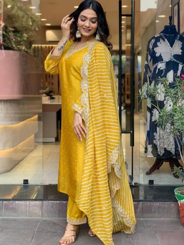 Women's Embroidered Bandhani Print Viscose Chanderi Kurta Pant Set with Chinon Dupatta