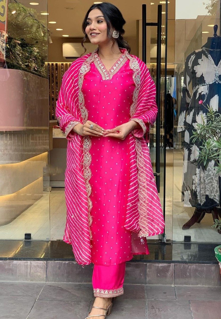 Women's Embroidered Bandhani Print Viscose Chanderi Kurta Pant Set with Chinon Dupatta