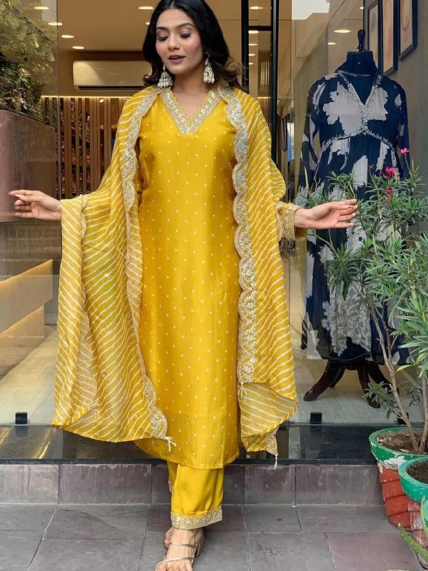 Women's Embroidered Bandhani Print Viscose Chanderi Kurta Pant Set with Chinon Dupatta