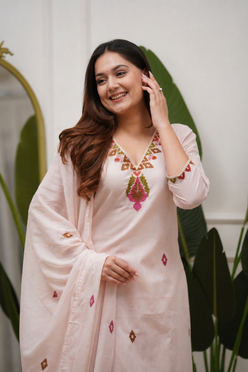 Women's Embroidered PV Mul Kurta Pant Set with Dupatta