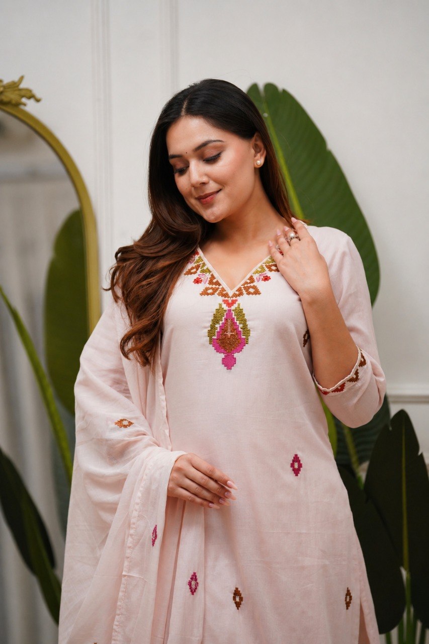 Women's Embroidered PV Mul Kurta Pant Set with Dupatta