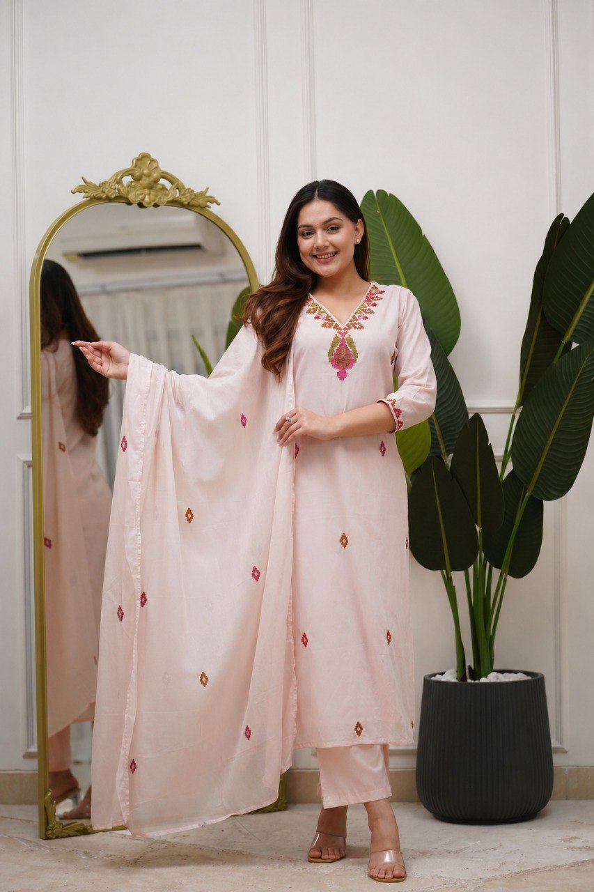 Women's Embroidered PV Mul Kurta Pant Set with Dupatta