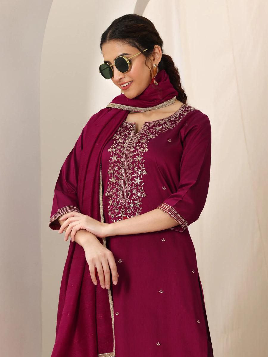 Premium Roman Silk Embroidered Kurta Pant Set with Chanderi Silk Dupatta
