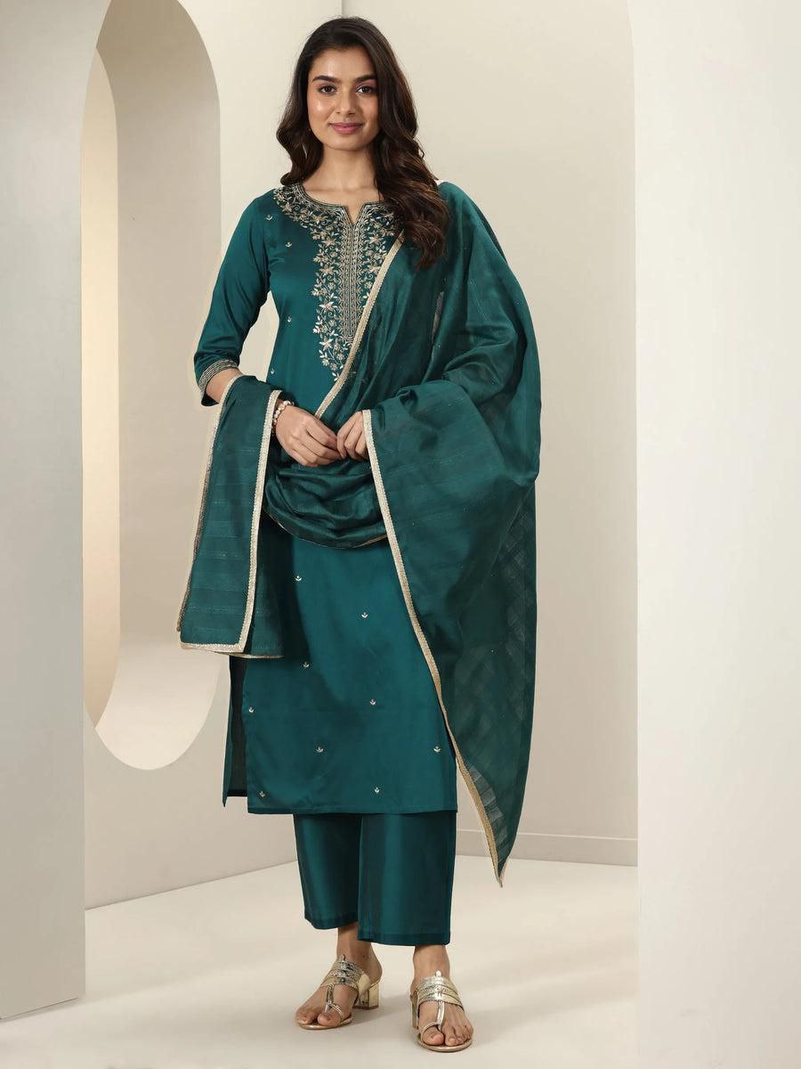 Premium Roman Silk Embroidered Kurta Pant Set with Chanderi Silk Dupatta
