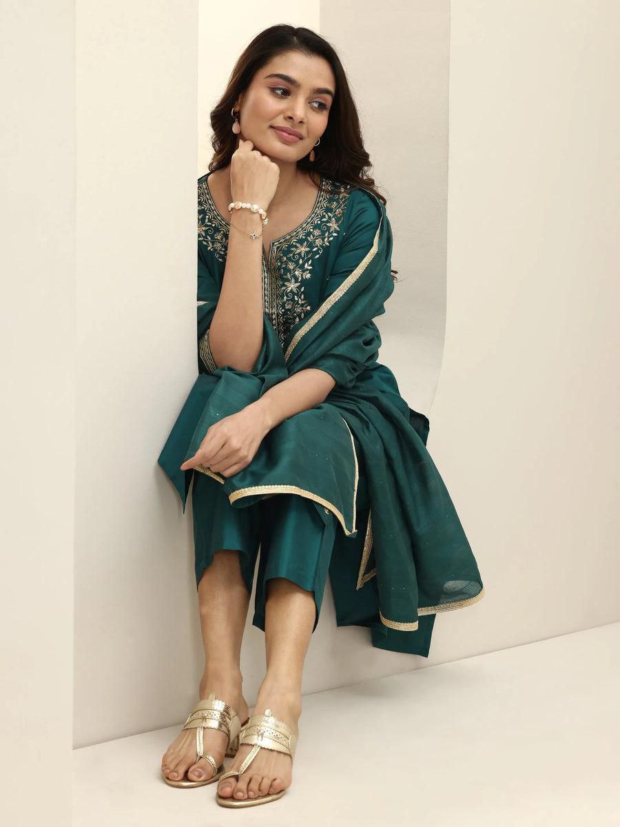 Premium Roman Silk Embroidered Kurta Pant Set with Chanderi Silk Dupatta