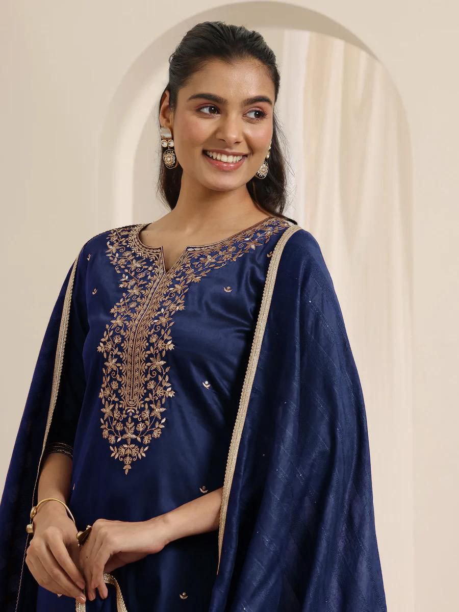 Premium Roman Silk Embroidered Kurta Pant Set with Chanderi Silk Dupatta