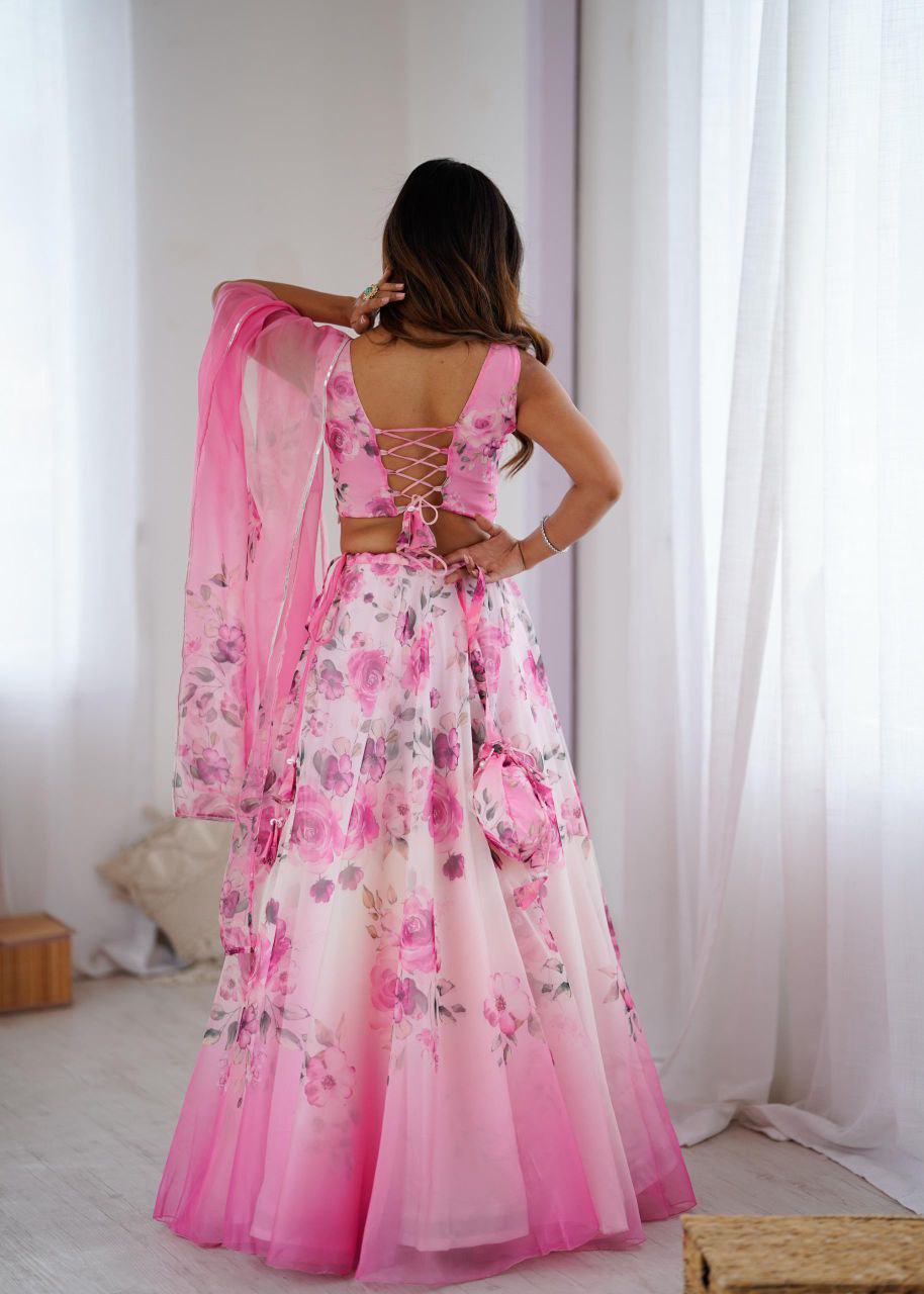 Pure Organza Silk Digital Printed Lehenga Choli with Matching Dupatta