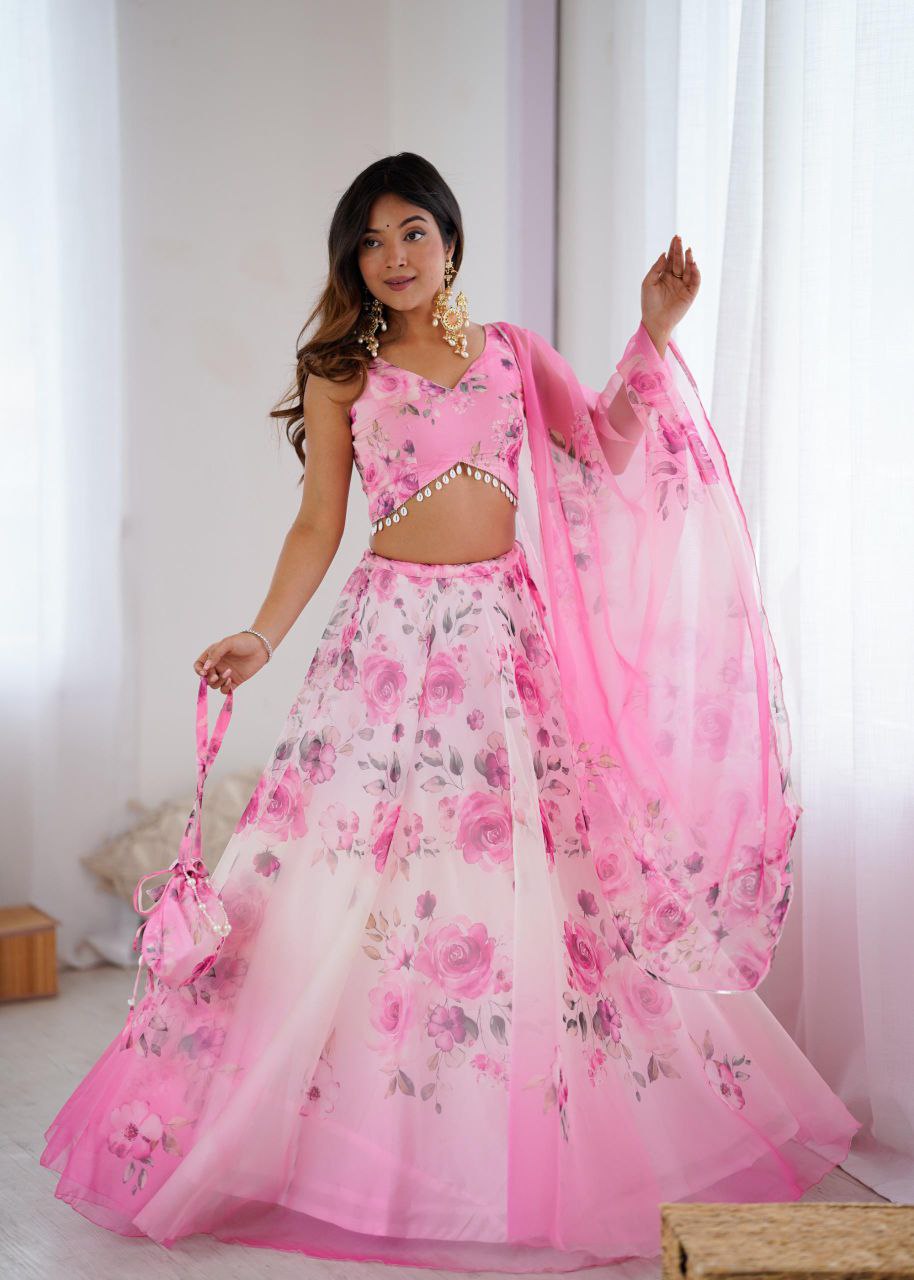Pure Organza Silk Digital Printed Lehenga Choli with Matching Dupatta