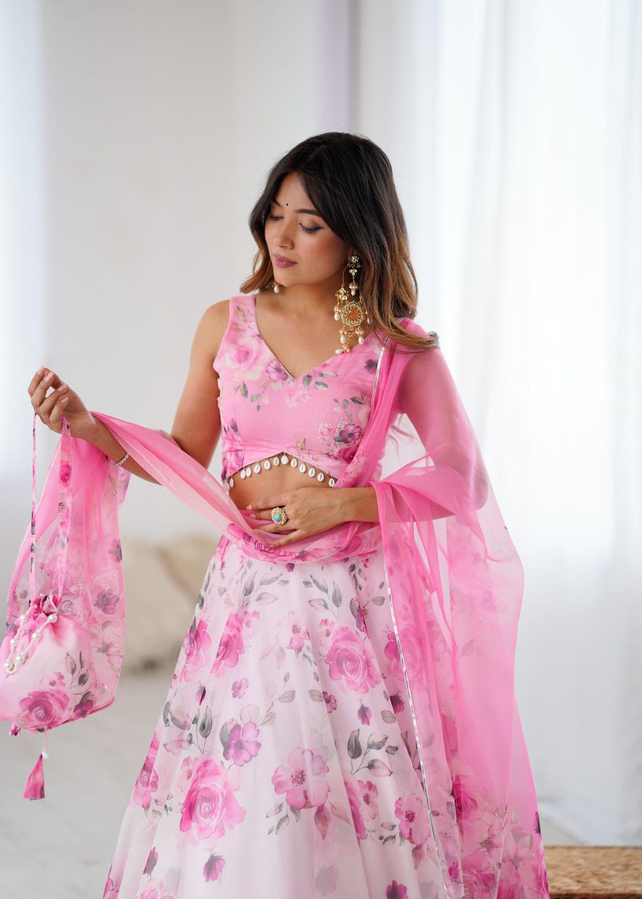 Pure Organza Silk Digital Printed Lehenga Choli with Matching Dupatta