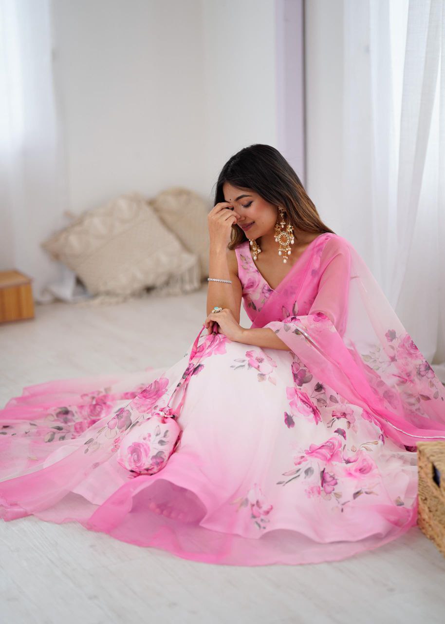 Pure Organza Silk Digital Printed Lehenga Choli with Matching Dupatta