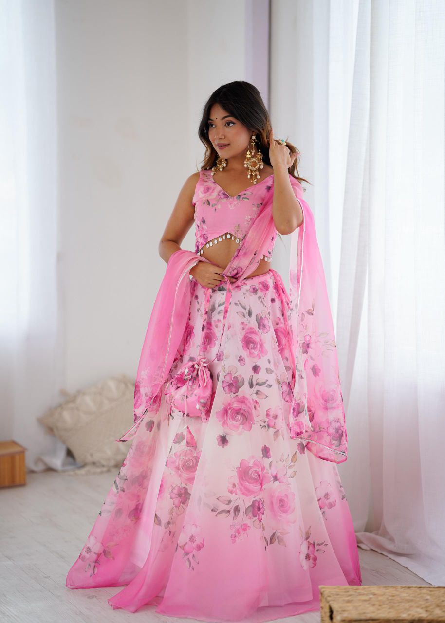 Pure Organza Silk Digital Printed Lehenga Choli with Matching Dupatta