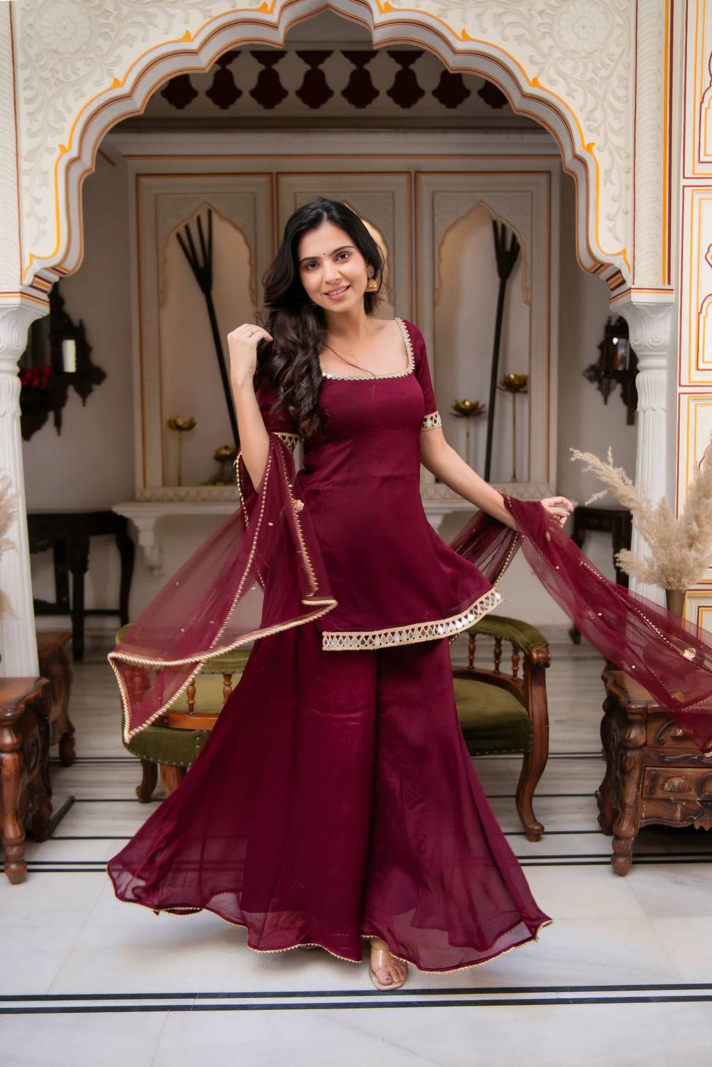 Faux Georgette Real Mirror Work Kurti Palazzo Set with Dupatta
