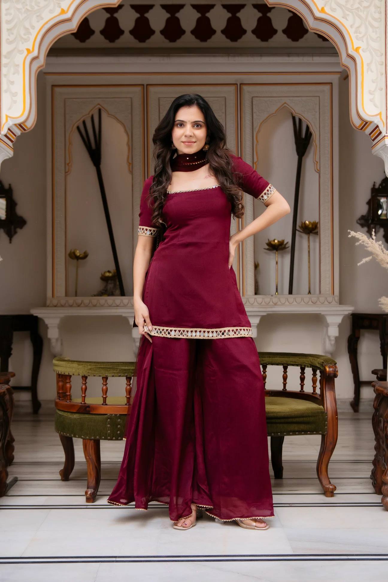 Faux Georgette Real Mirror Work Kurti Palazzo Set with Dupatta