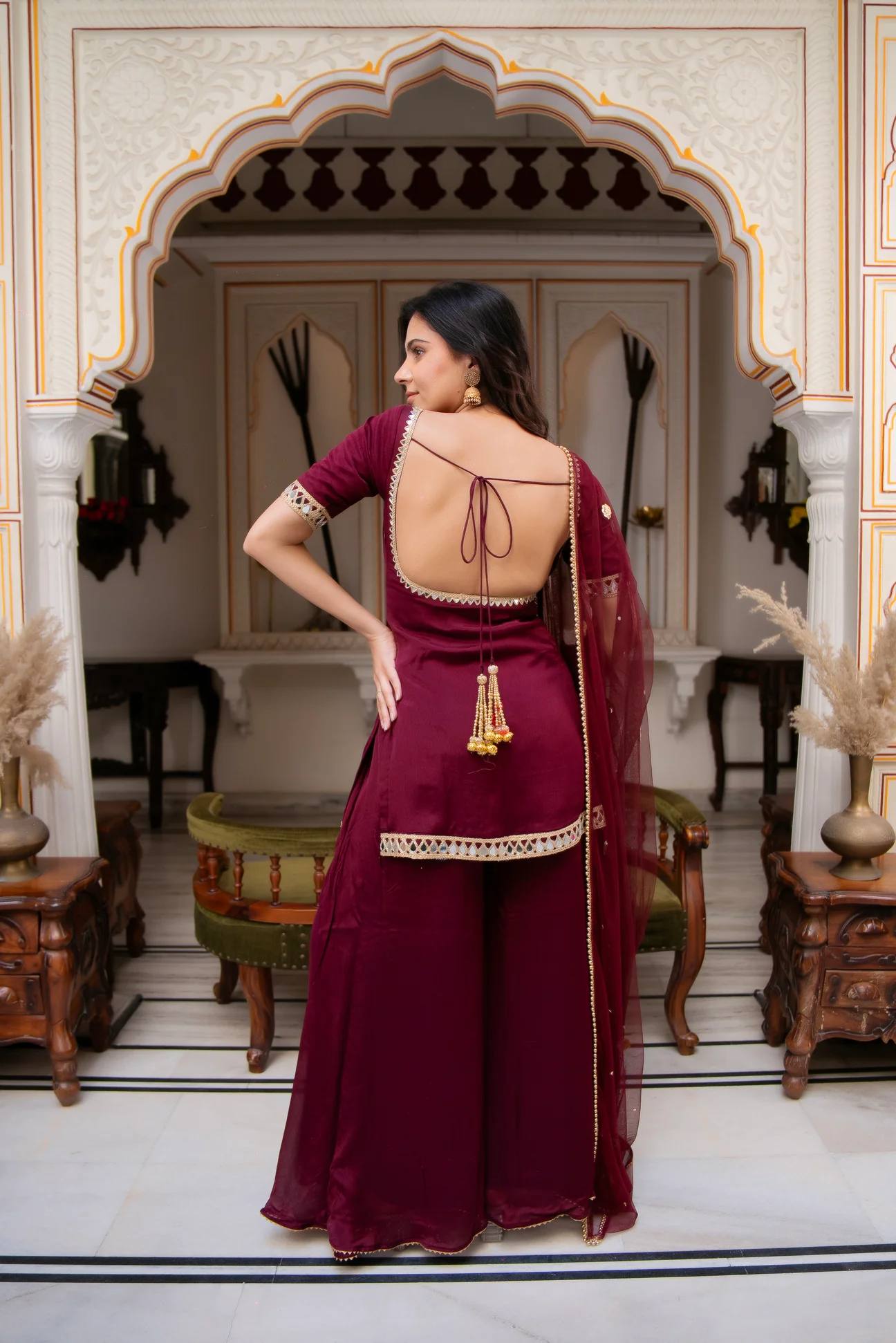 Faux Georgette Real Mirror Work Kurti Palazzo Set with Dupatta