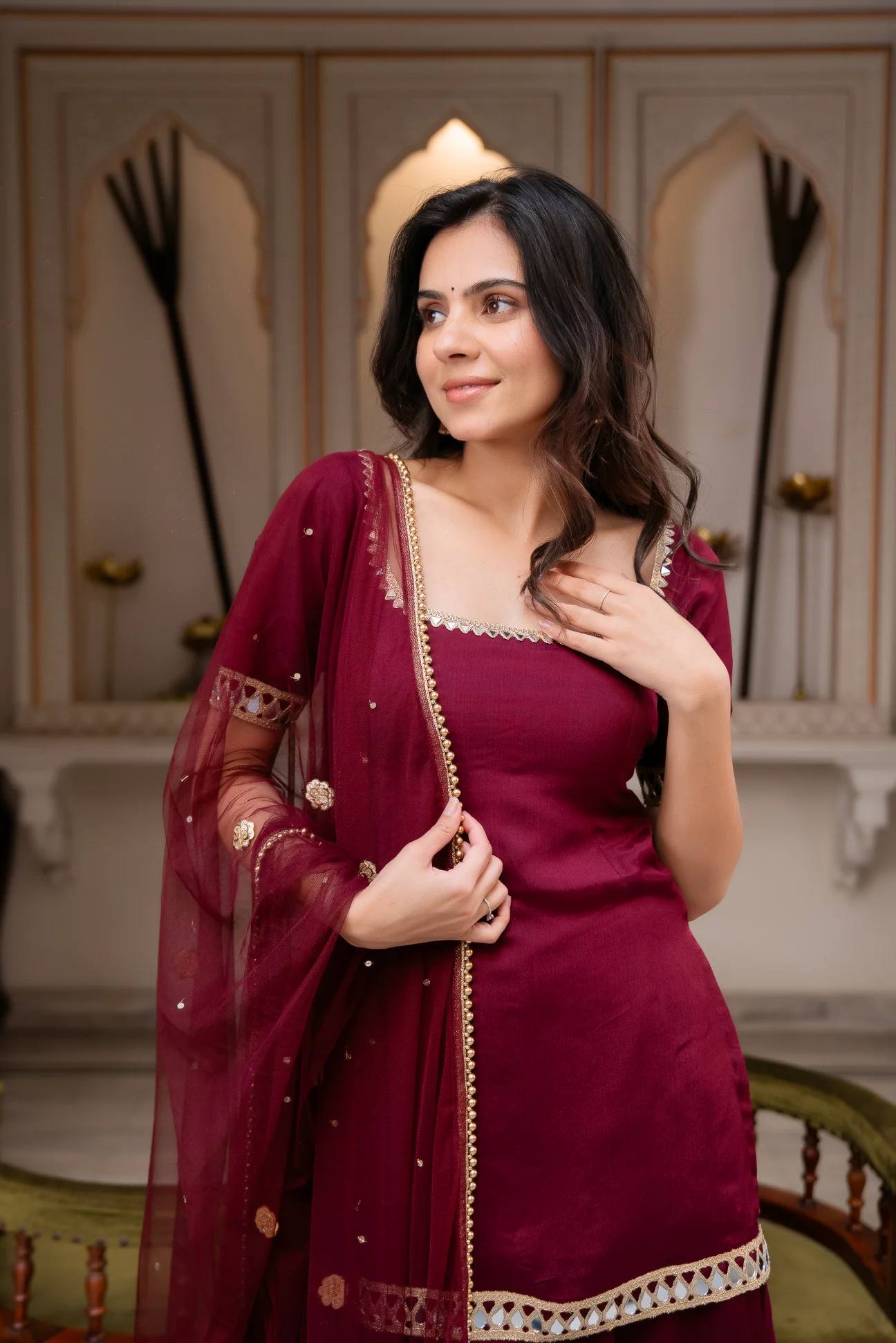 Faux Georgette Real Mirror Work Kurti Palazzo Set with Dupatta