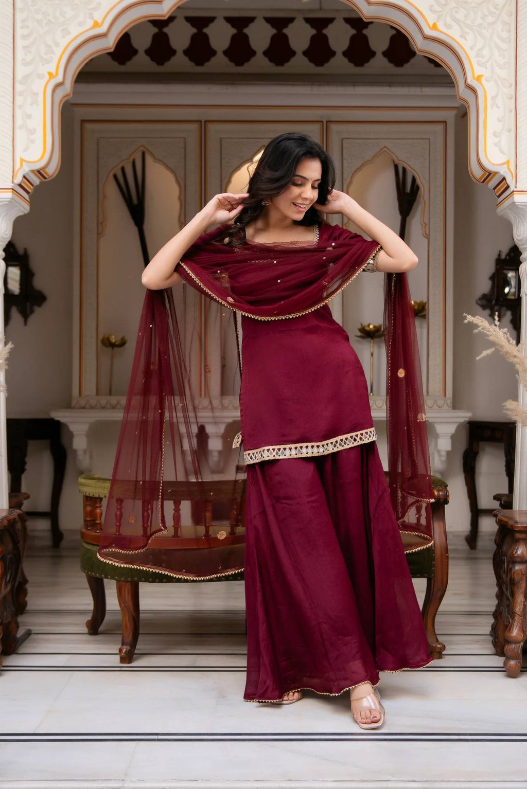 Faux Georgette Real Mirror Work Kurti Palazzo Set with Dupatta