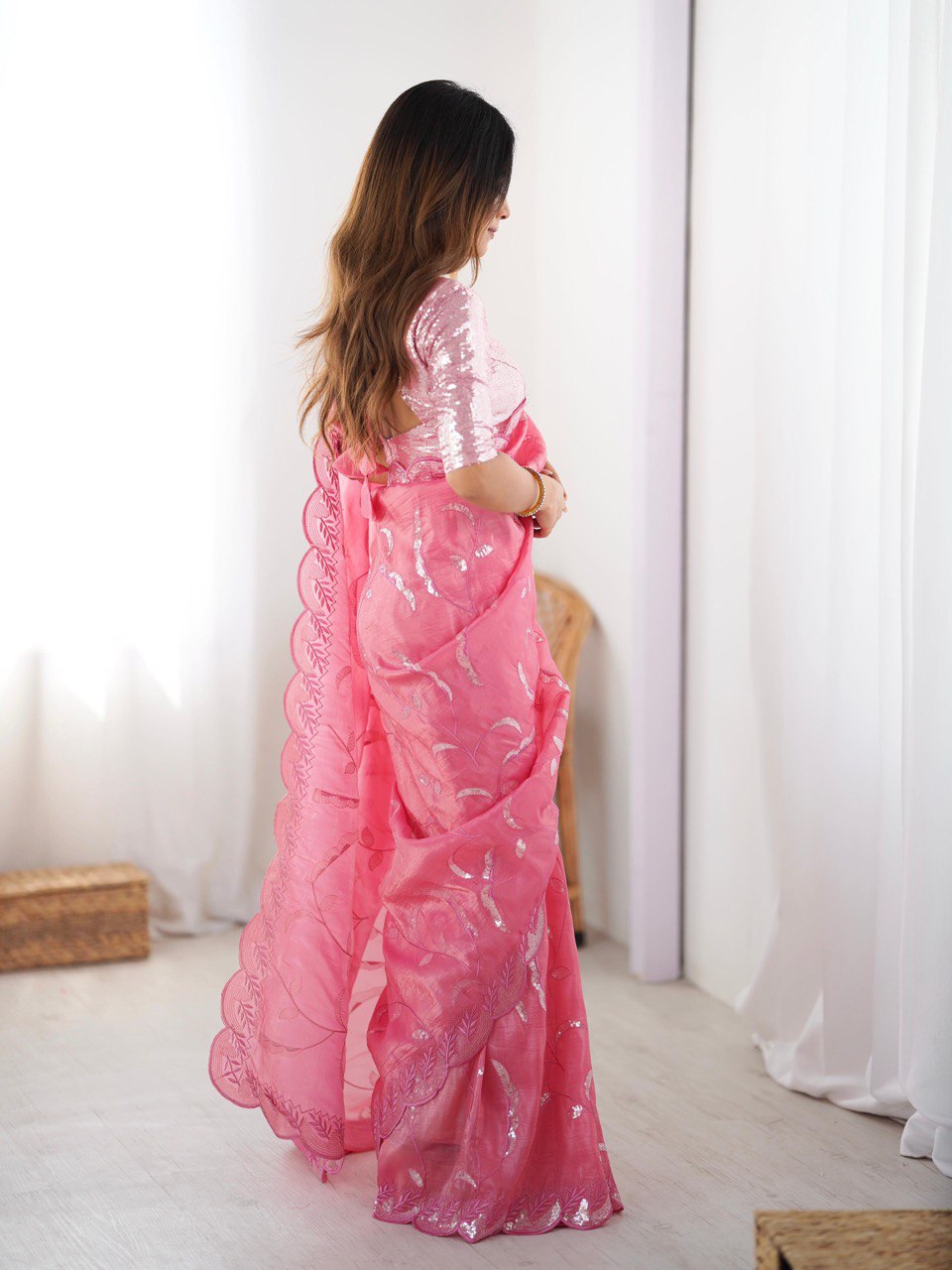 Women's Gold Crush Embroidered Ready-to-Wear Saree with Blouse