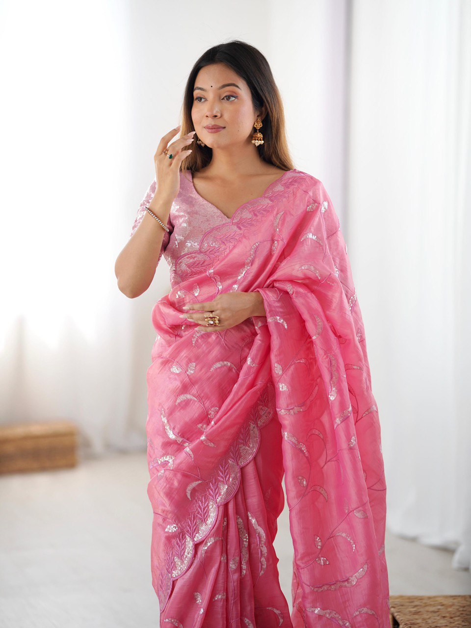 Women's Gold Crush Embroidered Ready-to-Wear Saree with Blouse