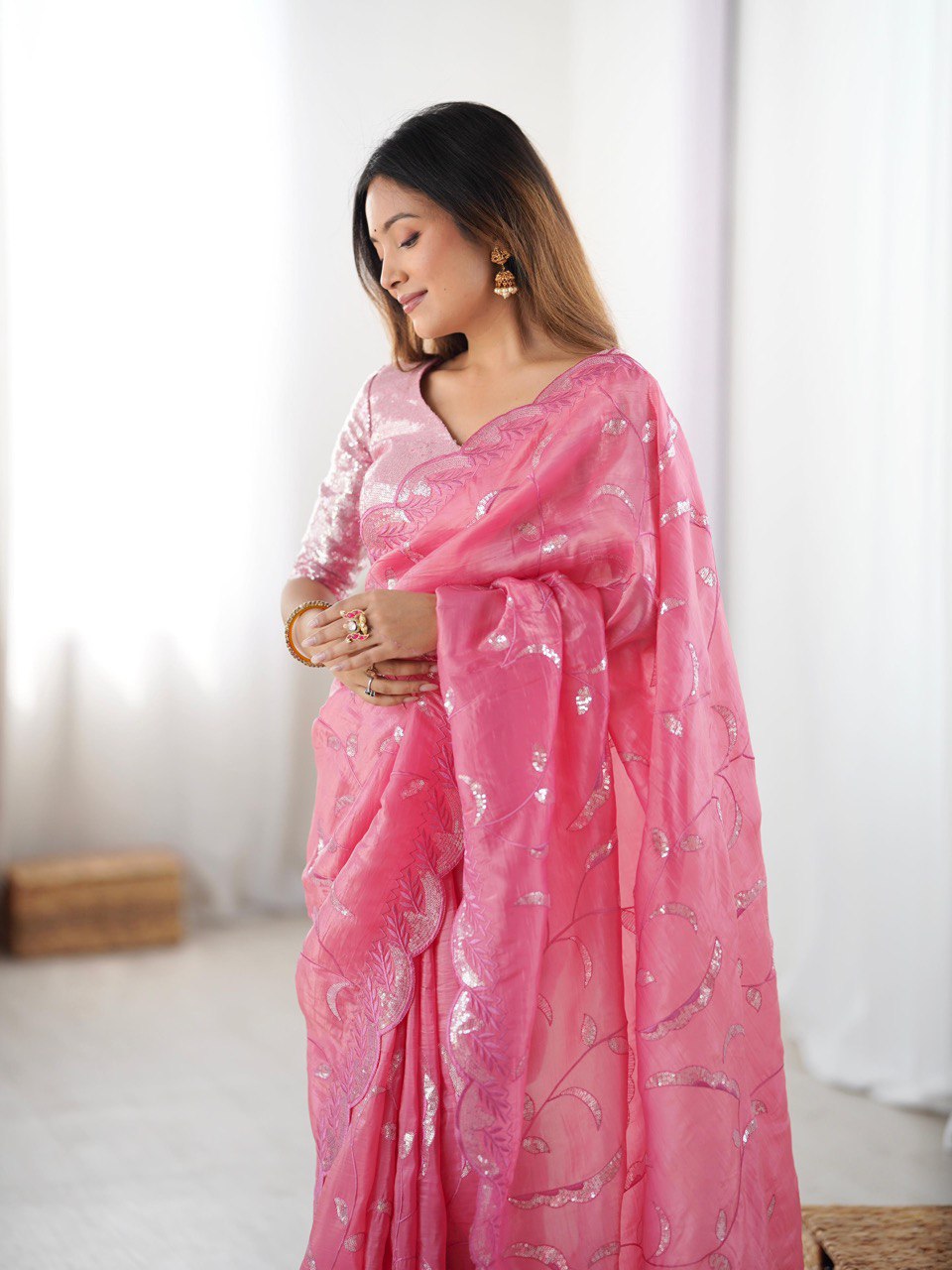 Women's Gold Crush Embroidered Ready-to-Wear Saree with Blouse