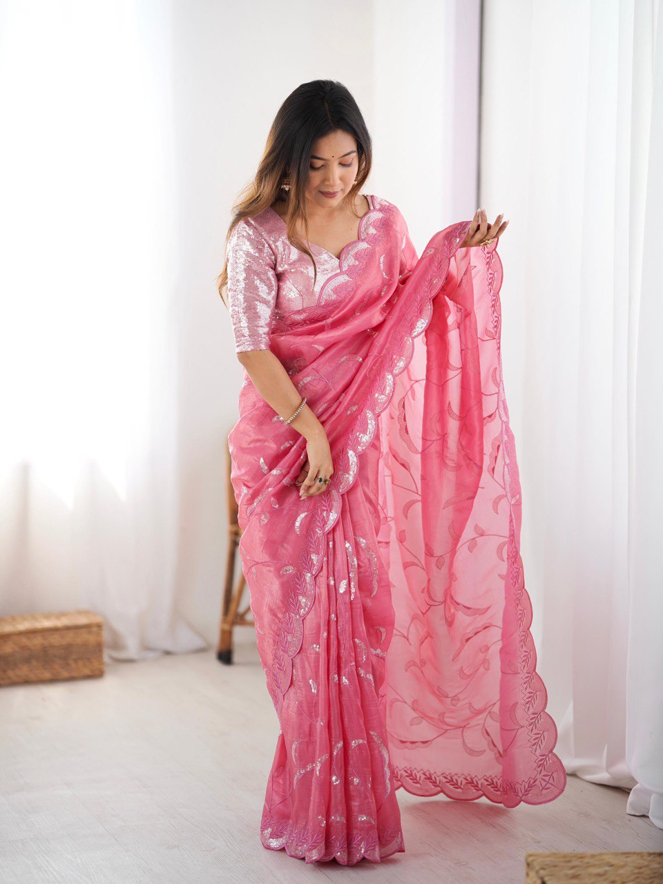 Women's Gold Crush Embroidered Ready-to-Wear Saree with Blouse