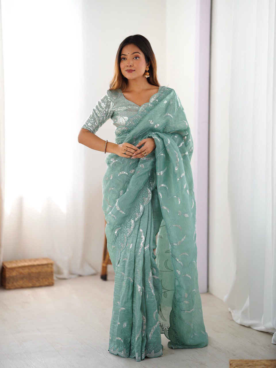 Women's Gold Crush Embroidered Ready-to-Wear Saree with Blouse