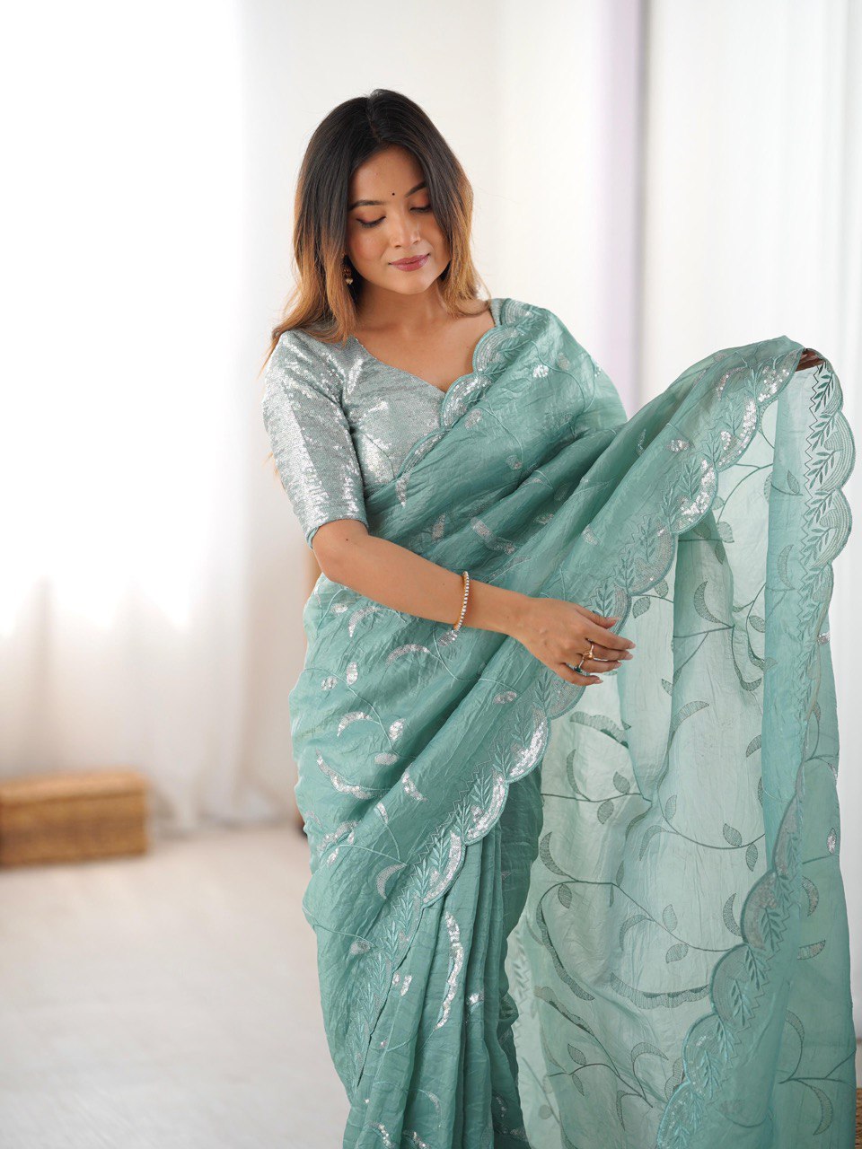Women's Gold Crush Embroidered Ready-to-Wear Saree with Blouse
