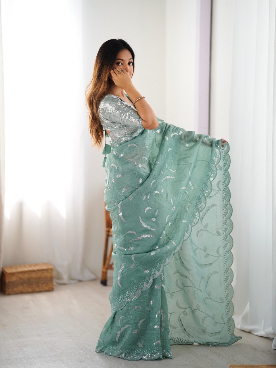 Women's Gold Crush Embroidered Ready-to-Wear Saree with Blouse