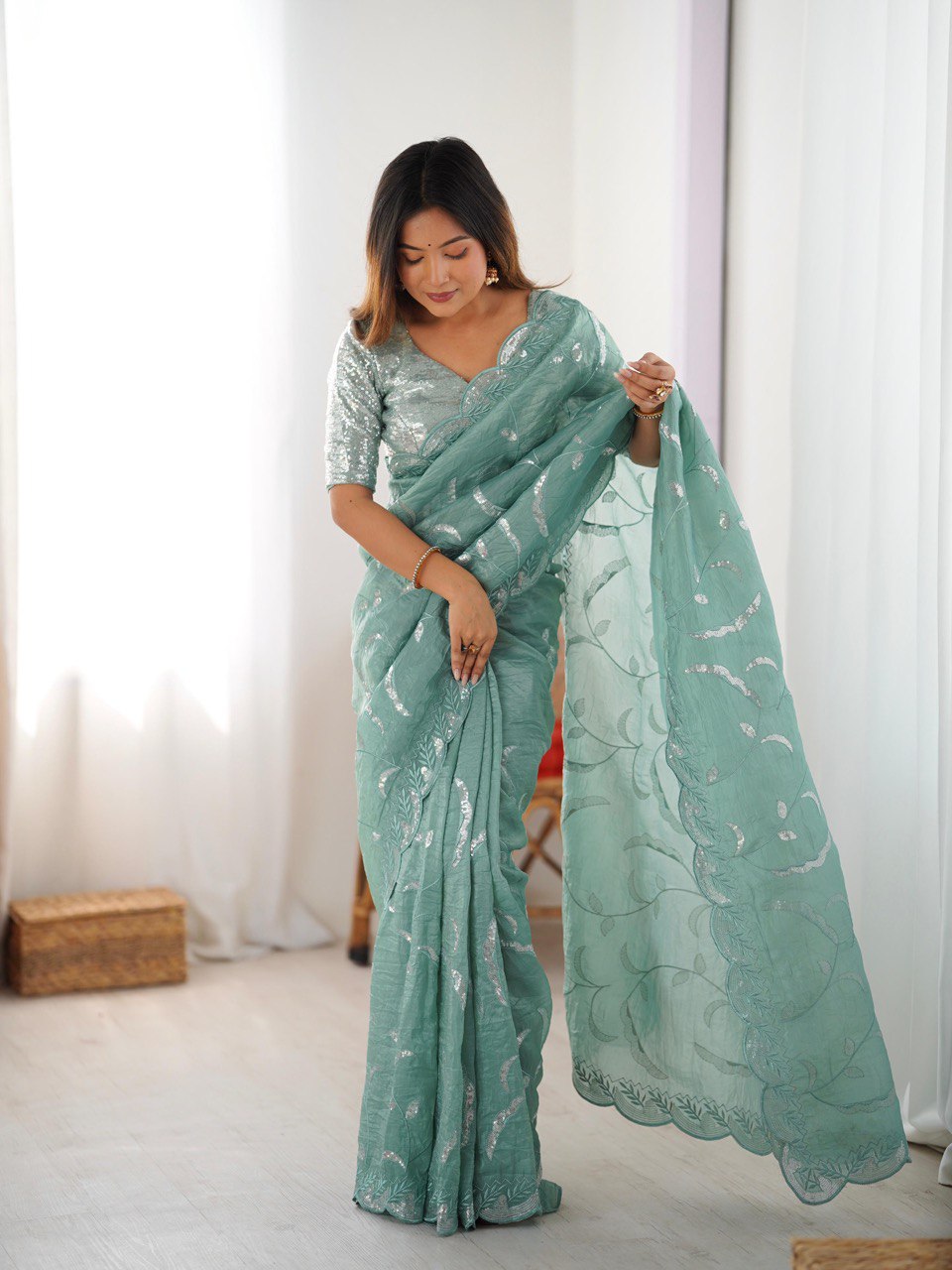 Women's Gold Crush Embroidered Ready-to-Wear Saree with Blouse