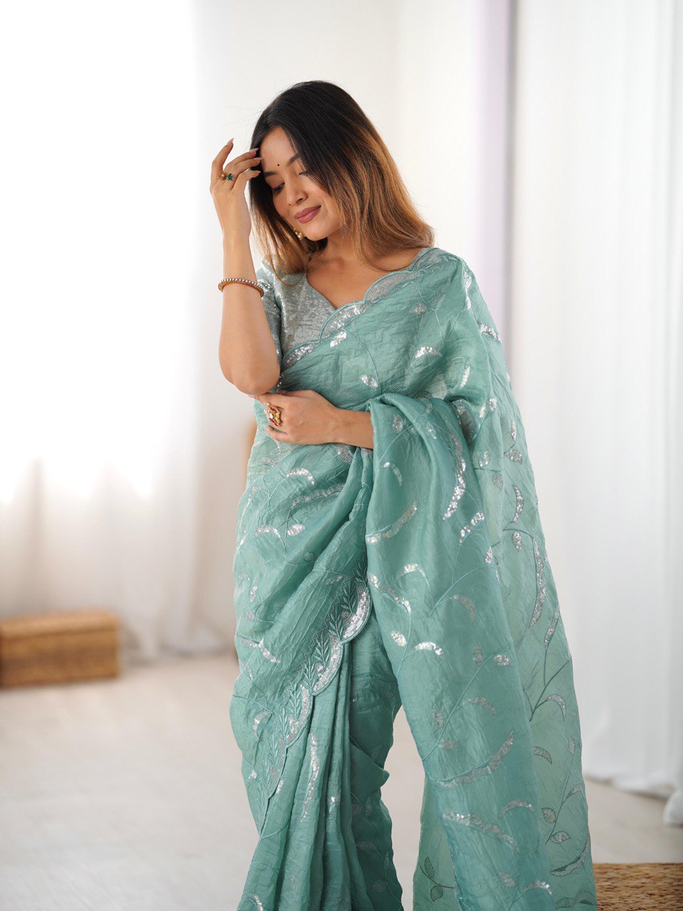 Women's Gold Crush Embroidered Ready-to-Wear Saree with Blouse