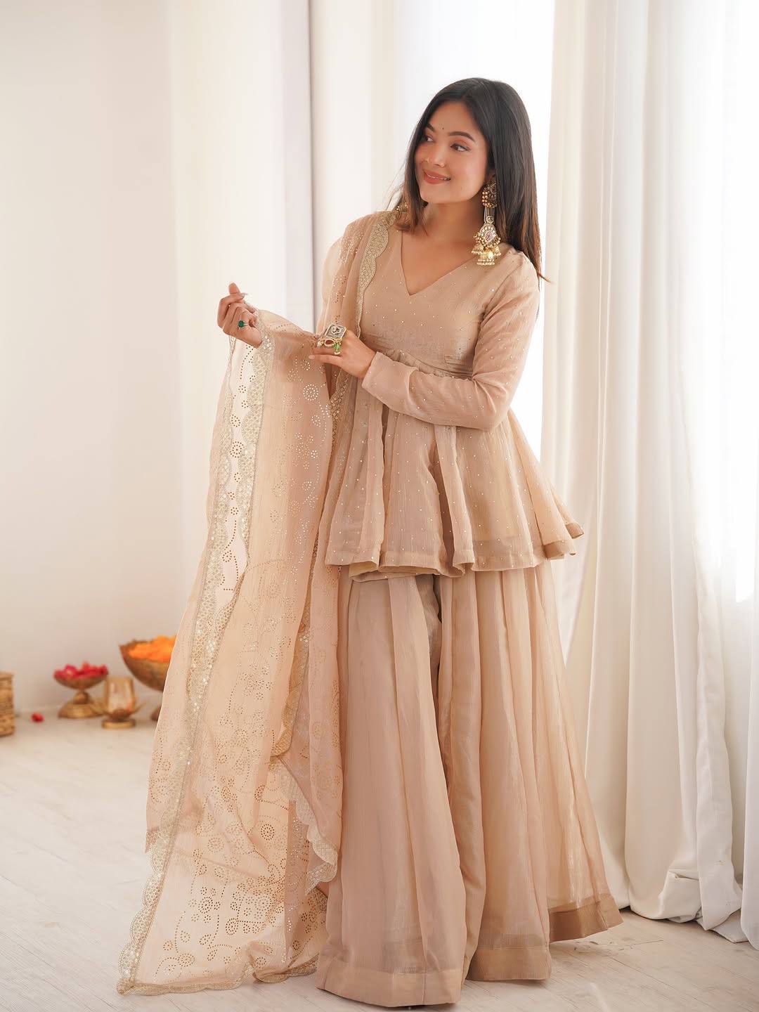 Women's Tabby Organza Mukaish Work Sharara Palazzo Set with Dupatta