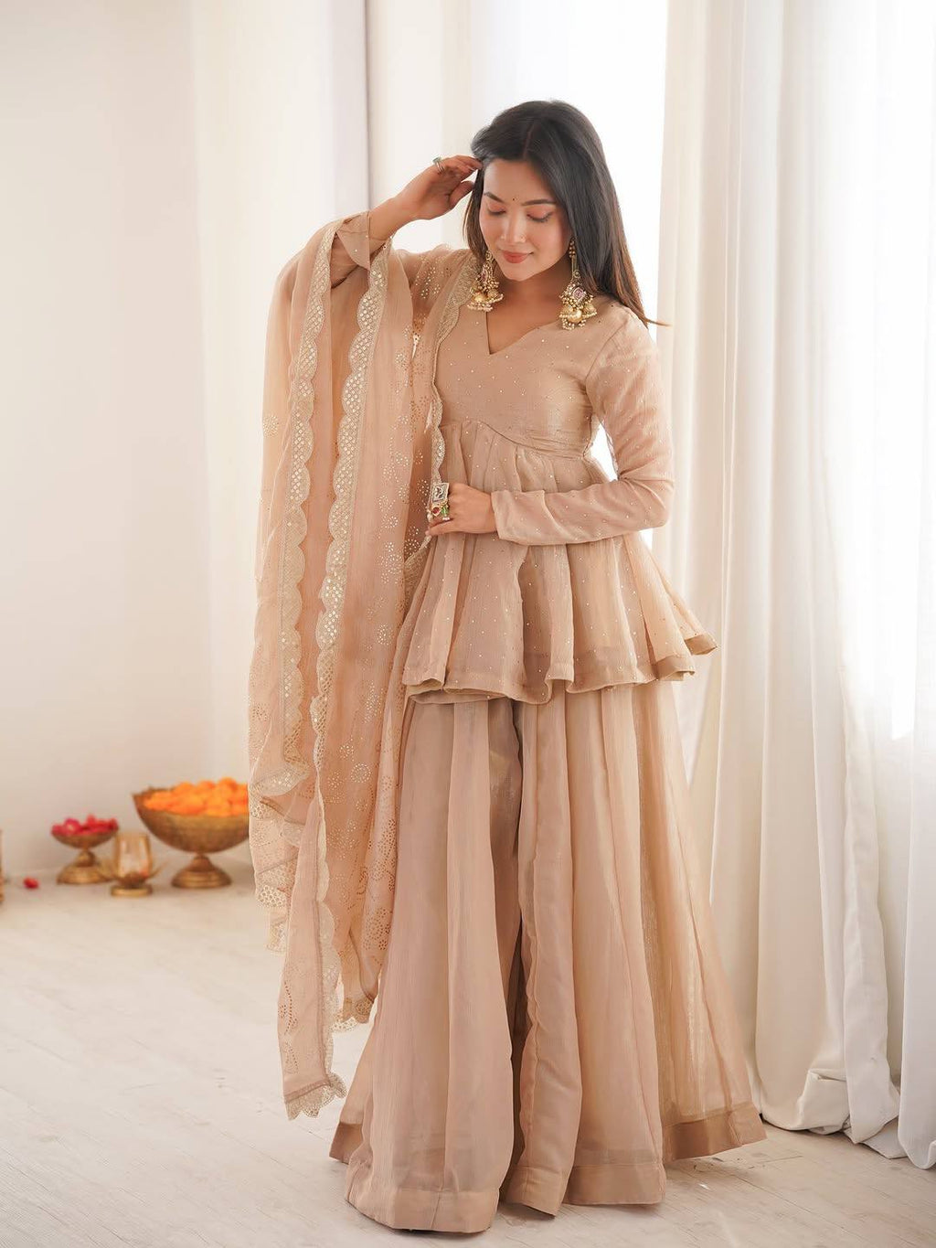 Women's Tabby Organza Mukaish Work Sharara Palazzo Set with Dupatta
